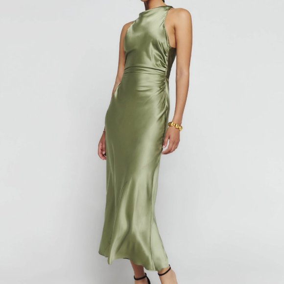 Reformation Casette Silk Dress, Artichoke 8, Occasion Wedding - Picture 2 of 9